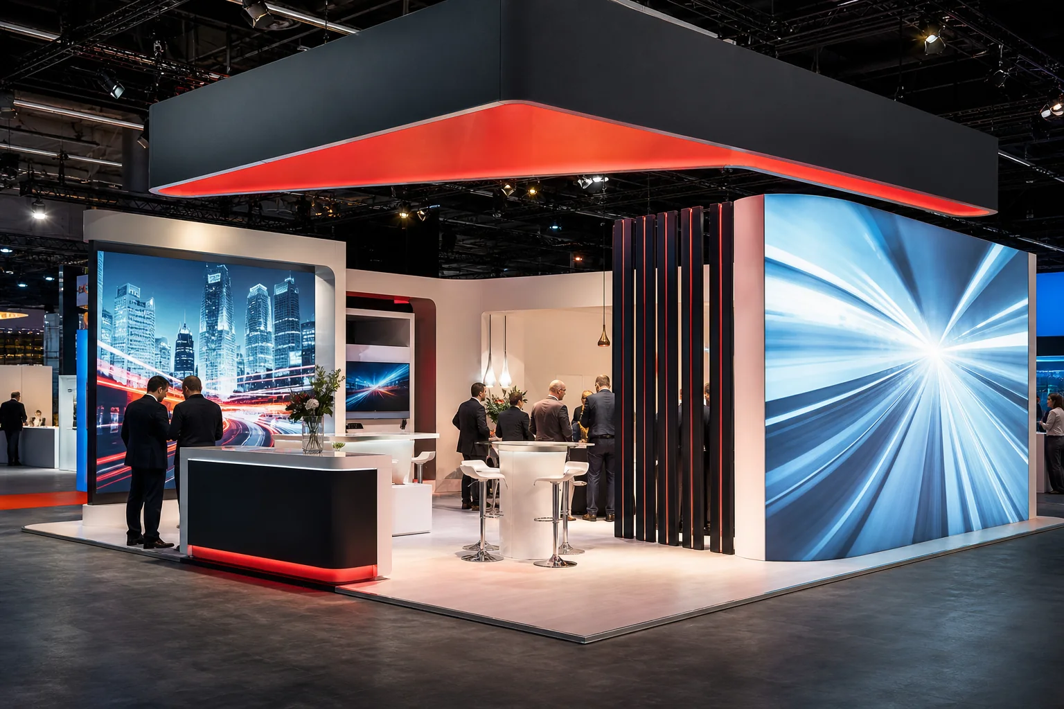 Custom trade show booth with illuminated large-format displays