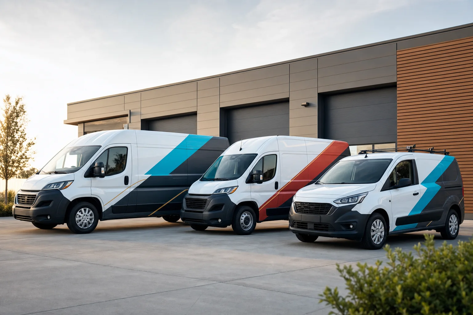 Commercial delivery fleet with coordinated vinyl vehicle graphics